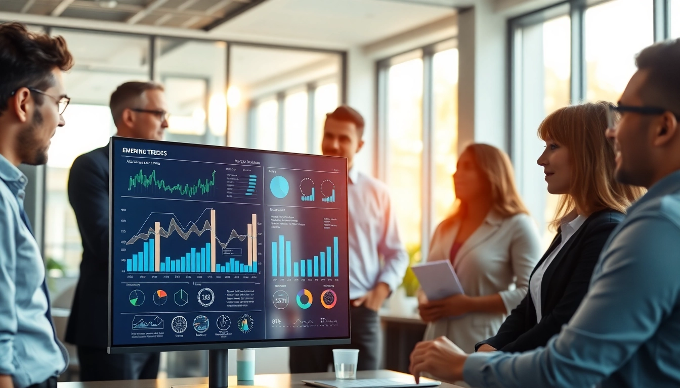 Analyze business trends with professionals in a modern office environment.