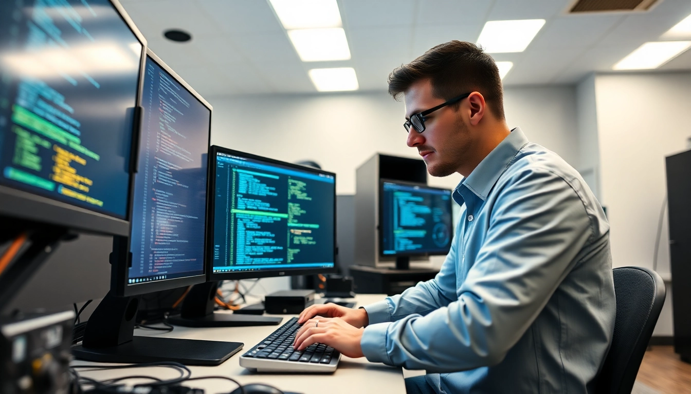 Engineer analyzing dma firmware in a modern tech lab with detailed setup and focus.