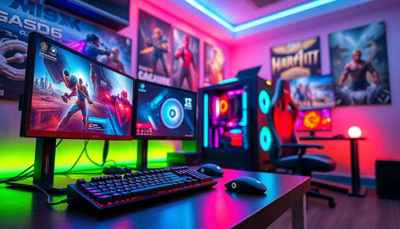Showcase of a powerful gaming computer with multiple displays and high-end peripherals.