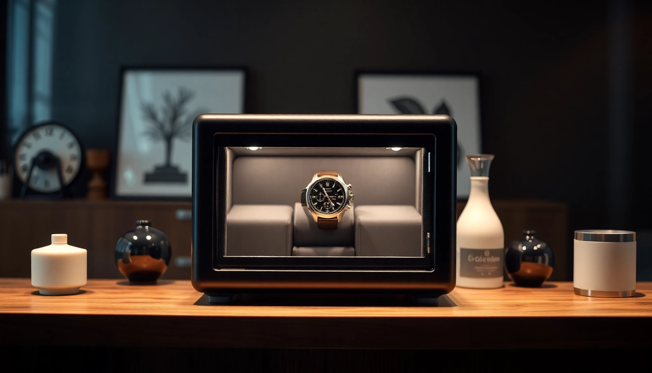 Securely showcasing a watch safe in a refined home environment, emphasizing style and protection.