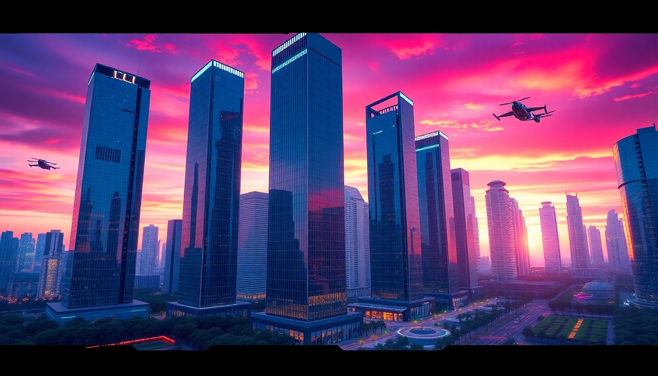3d visualisierung einer futuristischen Stadtlandschaft mit leuchtenden Wolkenkratzern und dramatischem Licht.