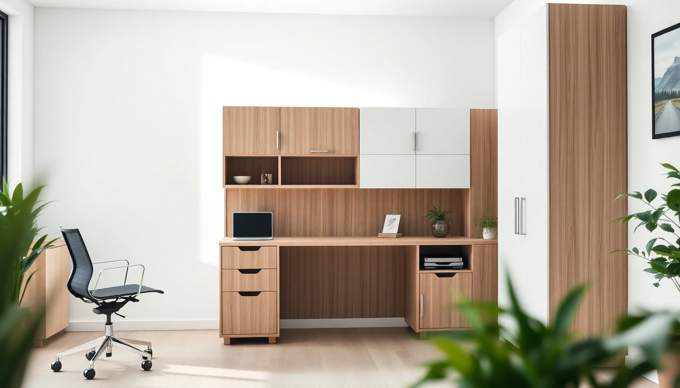 Schreibtisch Schrank mit modernem Design und integriertem Arbeitsplatz für effektive Organisation.