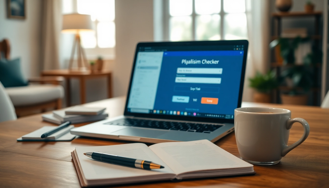 Utilizing a plagiarism checker tool on a laptop in a cozy home office setting.
