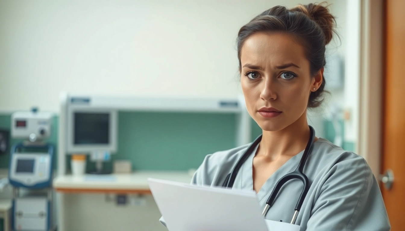 Illustration depicting Problems with VDAP for Alabama Nurses highlighting a concerned nurse in a clinical environment.