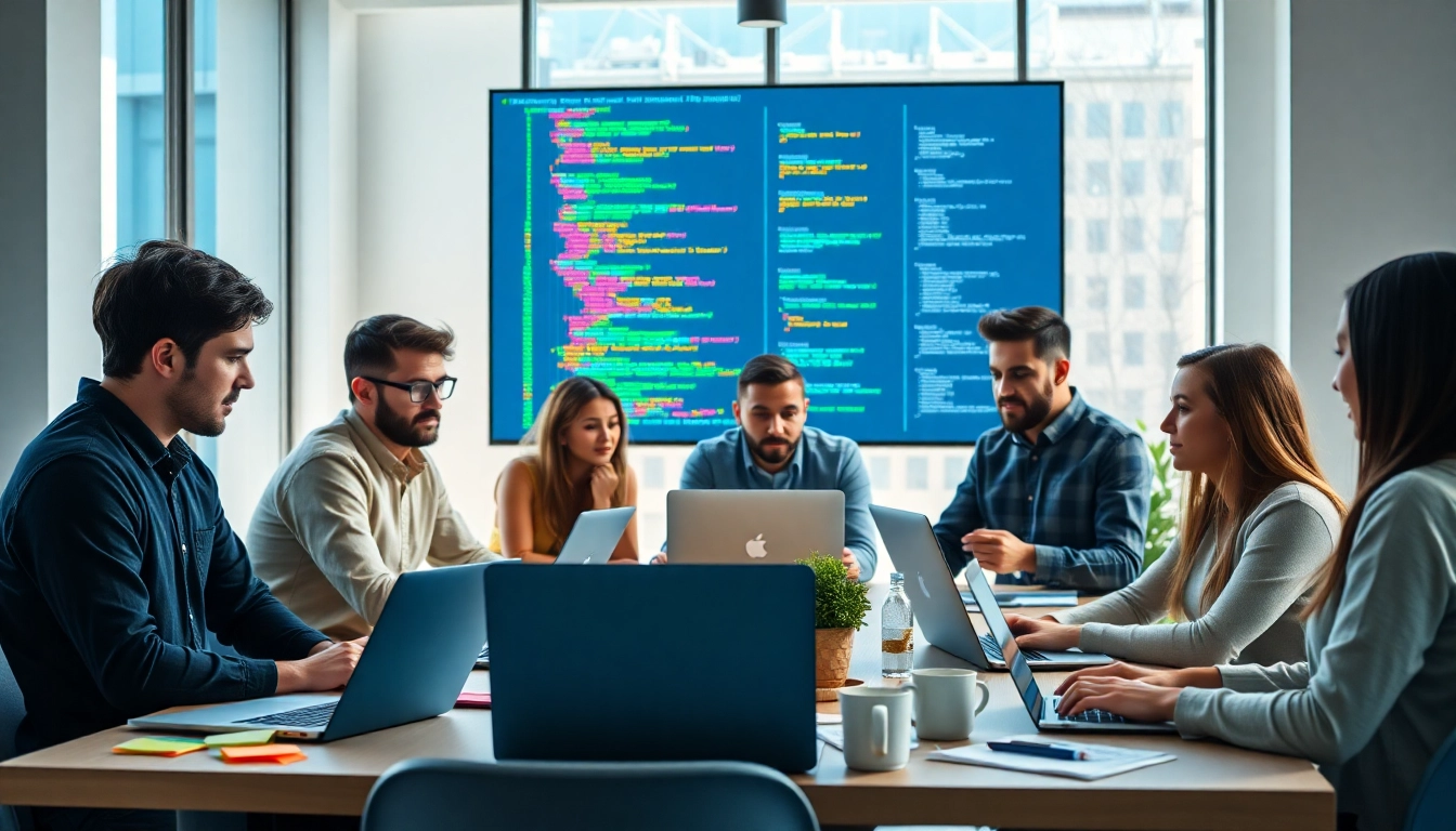 Engaged web development team collaborating with modern tools in a vibrant office setting.