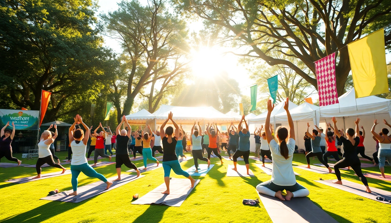 Engaged participants enjoying yoga festivals in a vibrant outdoor setting.