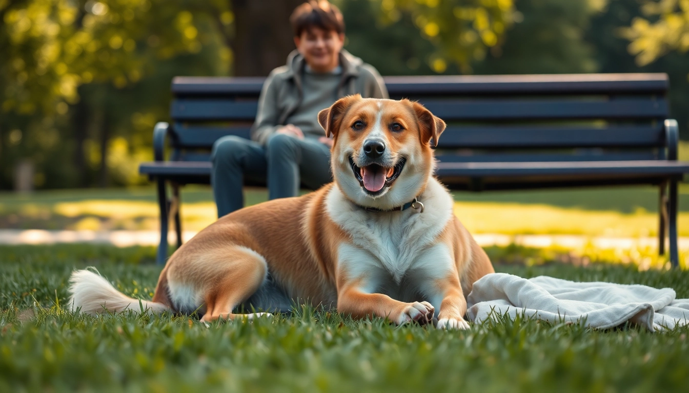 PTSD dog playing in the park with a person, creating a serene bonding moment.