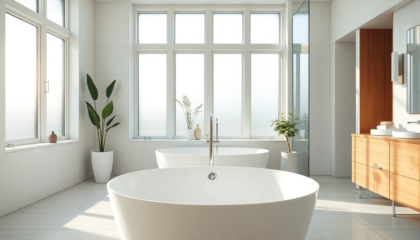 Bathroom renovation Nashville featuring a modern soaking tub and stylish decor in bright light.