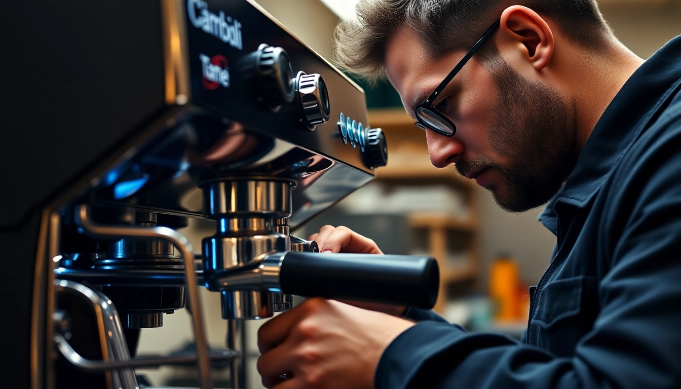 Cimbali servisi technician expertly repairing an espresso machine in a well-lit workshop.