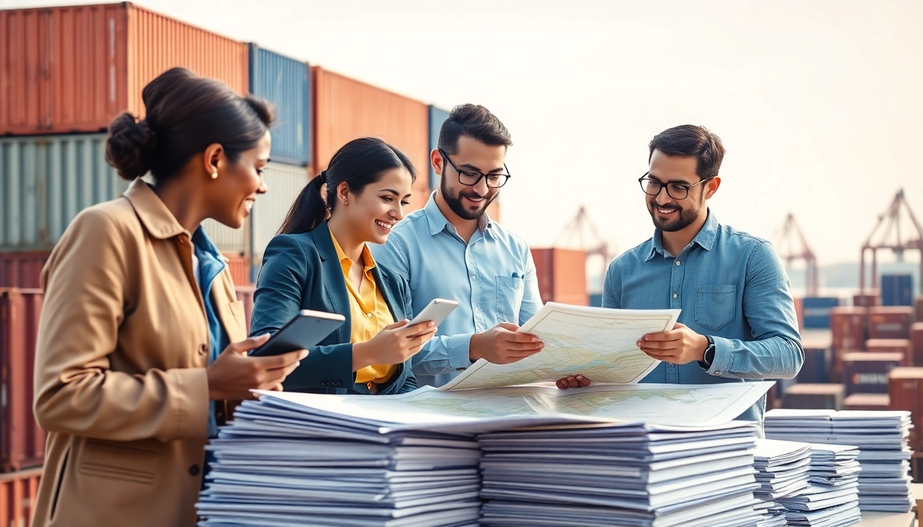 Import agents collaborating in a bustling trade industry environment, showcasing logistics expertise.