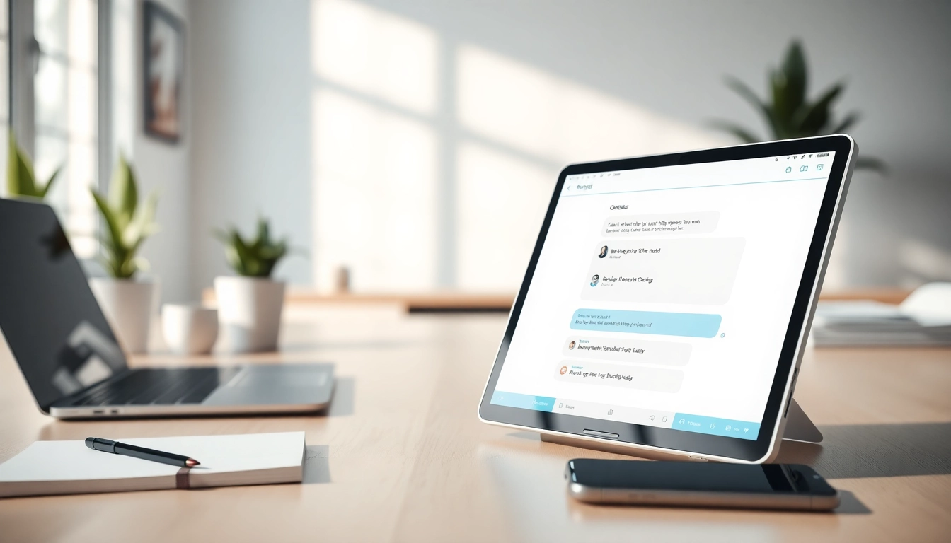 Engaging website chatbot displayed on a sleek device in a modern workspace setting.