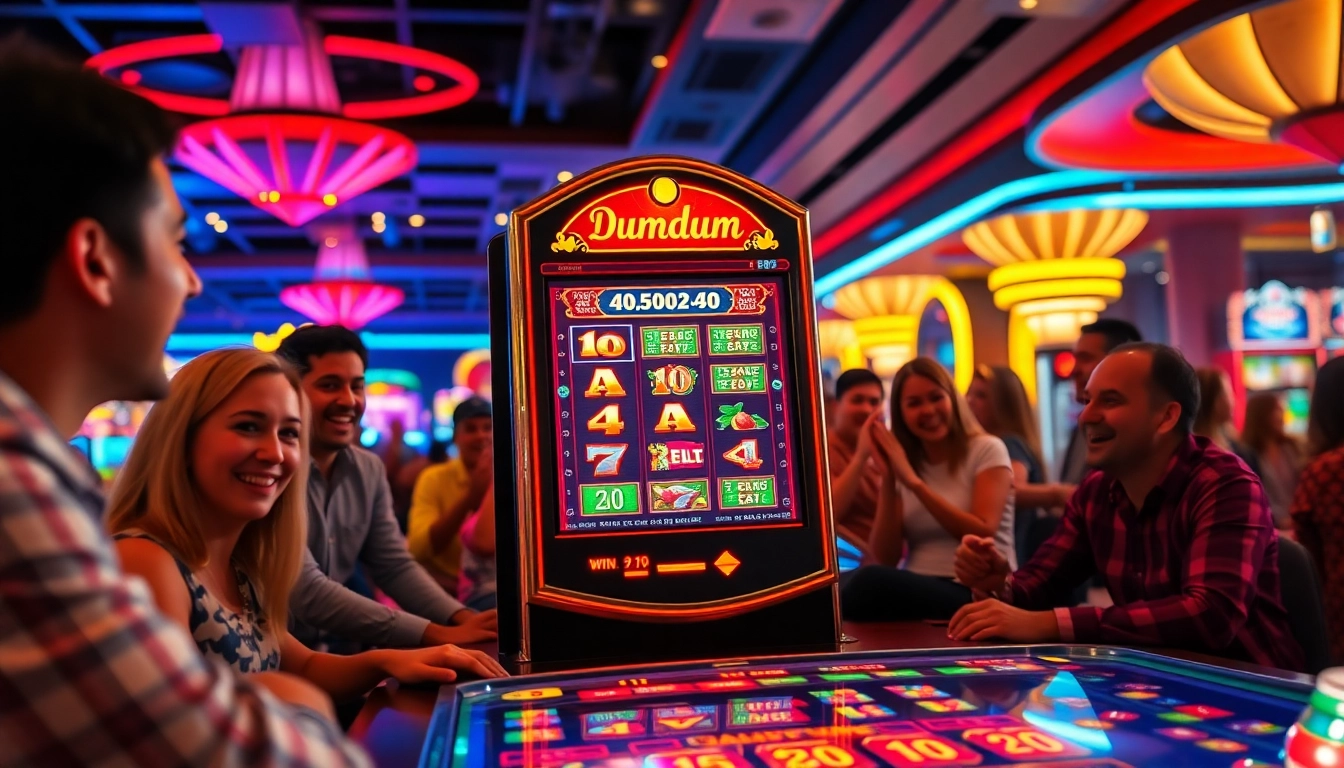 Permainan Dumdum 4D slot yang mengasyikkan dengan pemain bersorak di kasino.