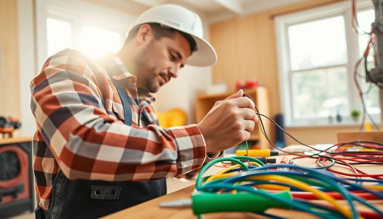 Electrician performing installation as an electrical contractor in a well-lit home.
