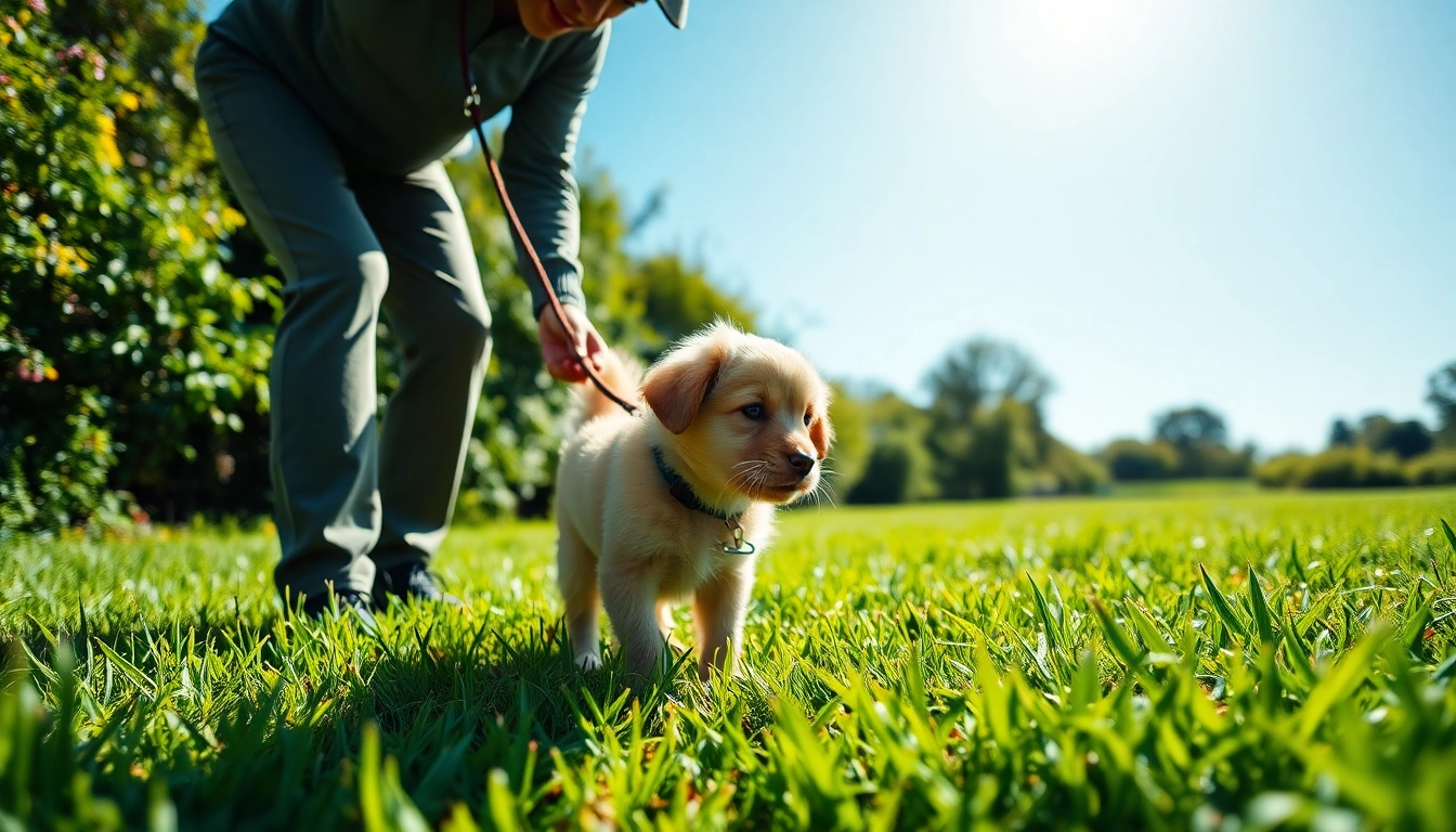 Addressing the issue of dog urine smells strong in an inviting garden setting with a trainer and puppy.