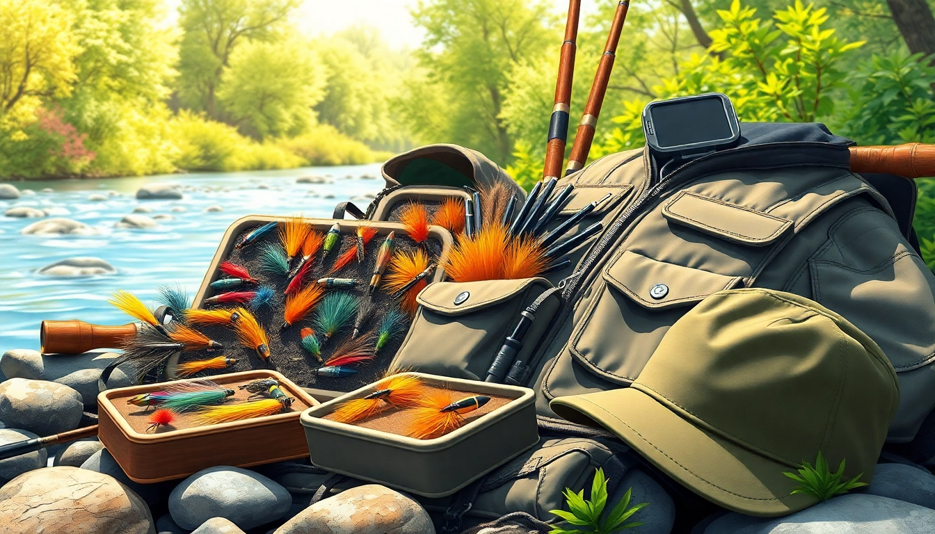 Showcase of fly fishing accessories, with colorful flies and tackle boxes positioned against a riverside backdrop.