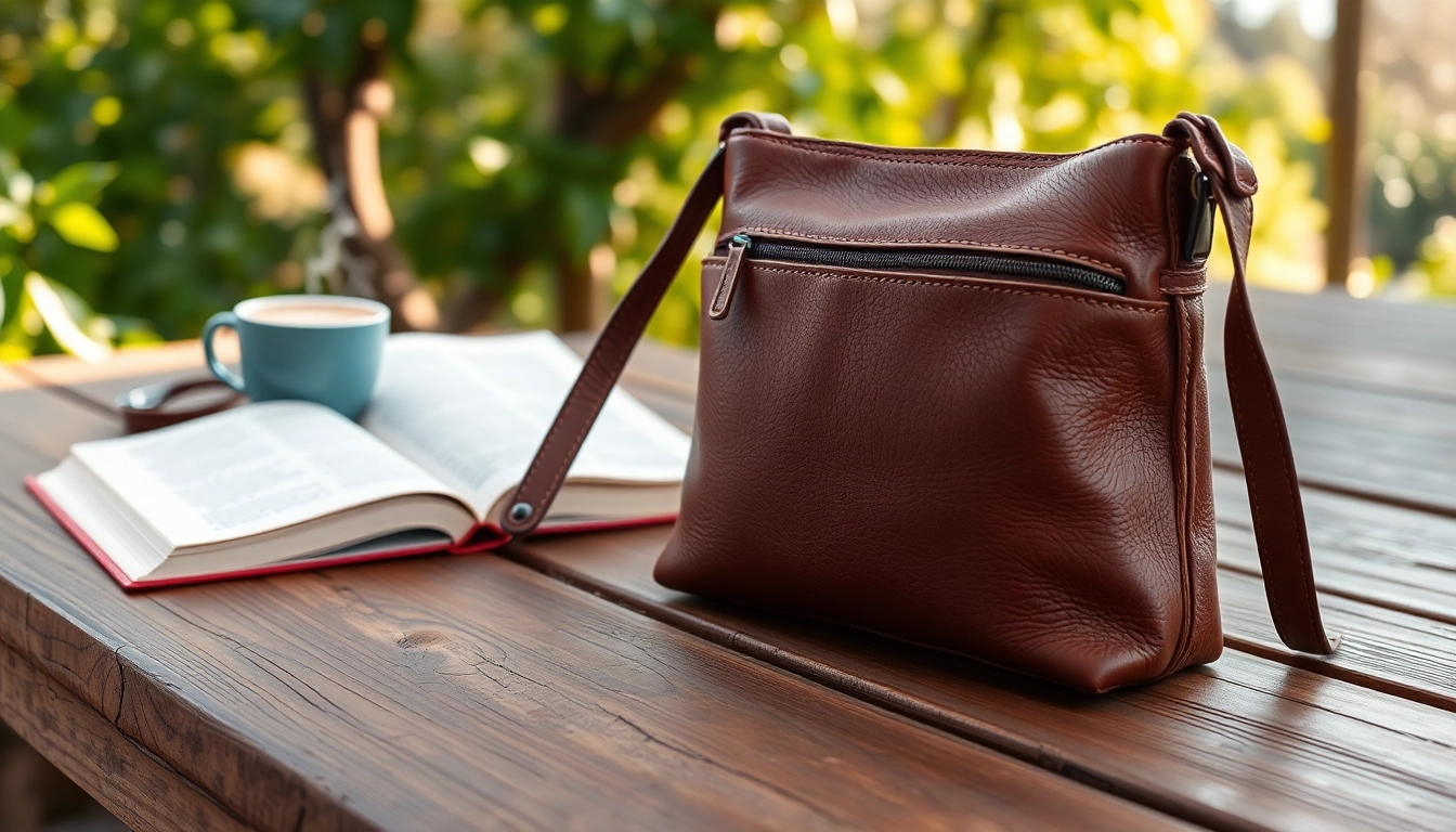 Coffee leather crossbody bag on a wooden table, showcasing its craftsmanship and style in a relaxed setting.