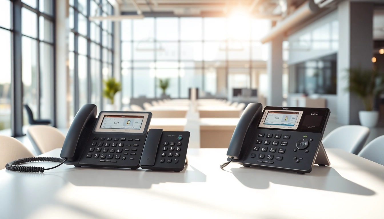 Gebruik van VoIP telefonie met moderne IP-telefoons in een stijlvolle kantooromgeving.