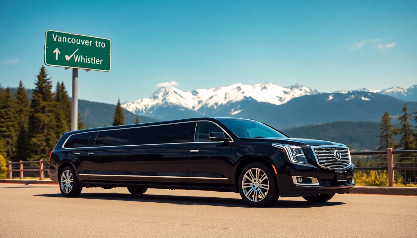 Experience premium car service from Vancouver to Whistler in a luxury limousine against a mountain backdrop.