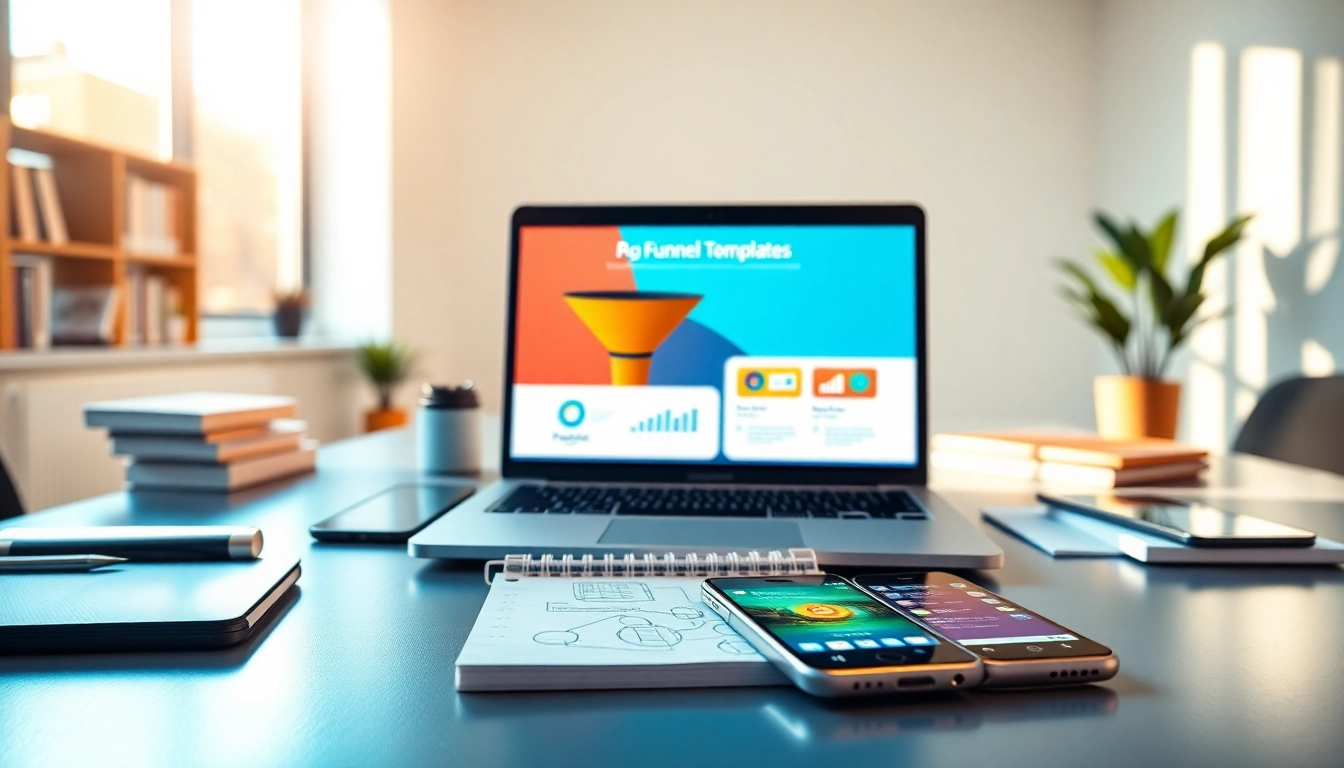 Showcasing vibrant funnel templates on a digital workspace for streamlined marketing efforts.