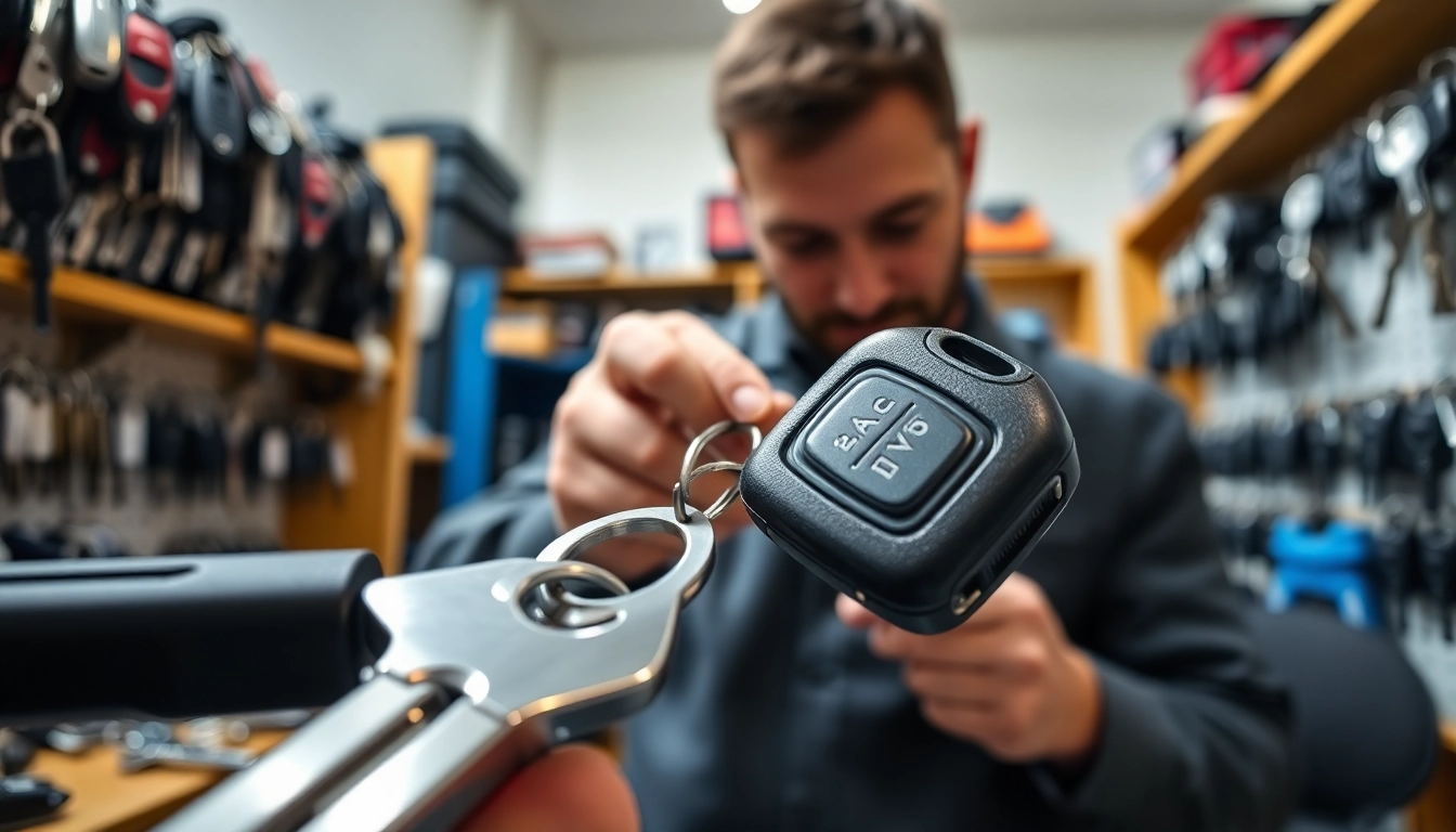 Cutting a shiny replacement car key with precision tools in a professional workshop