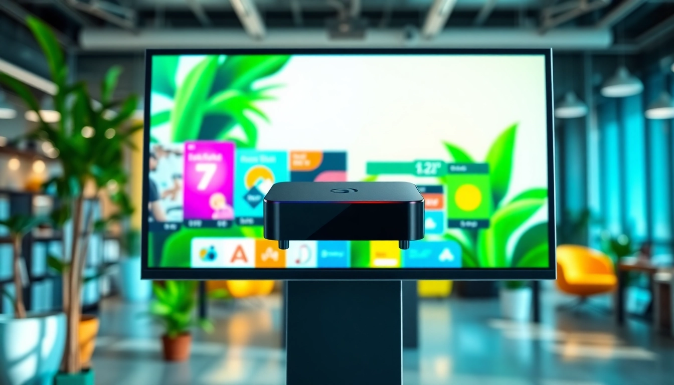 Showcase of Android digital signage player in a modern office environment displaying vibrant content.
