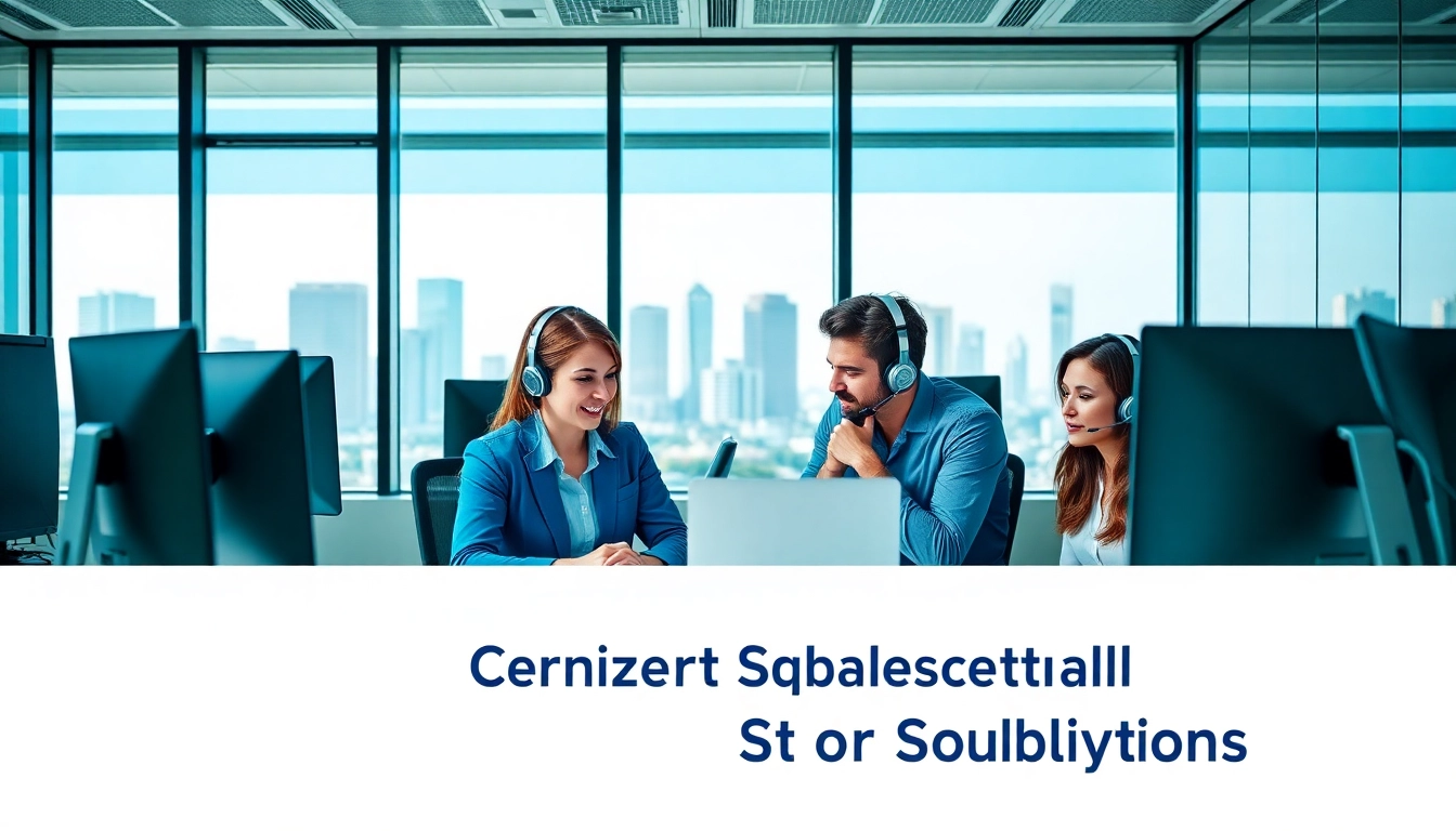 Team discussing Call Center Solutions in a modern office environment with vibrant lighting.
