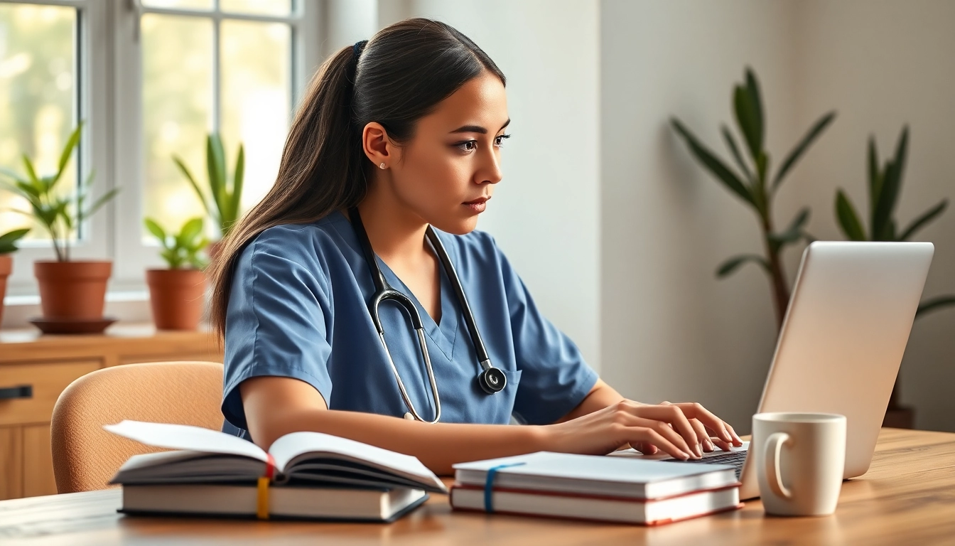 Engaged nurse participating in Nursing Continuing Education in a bright, inviting study space.