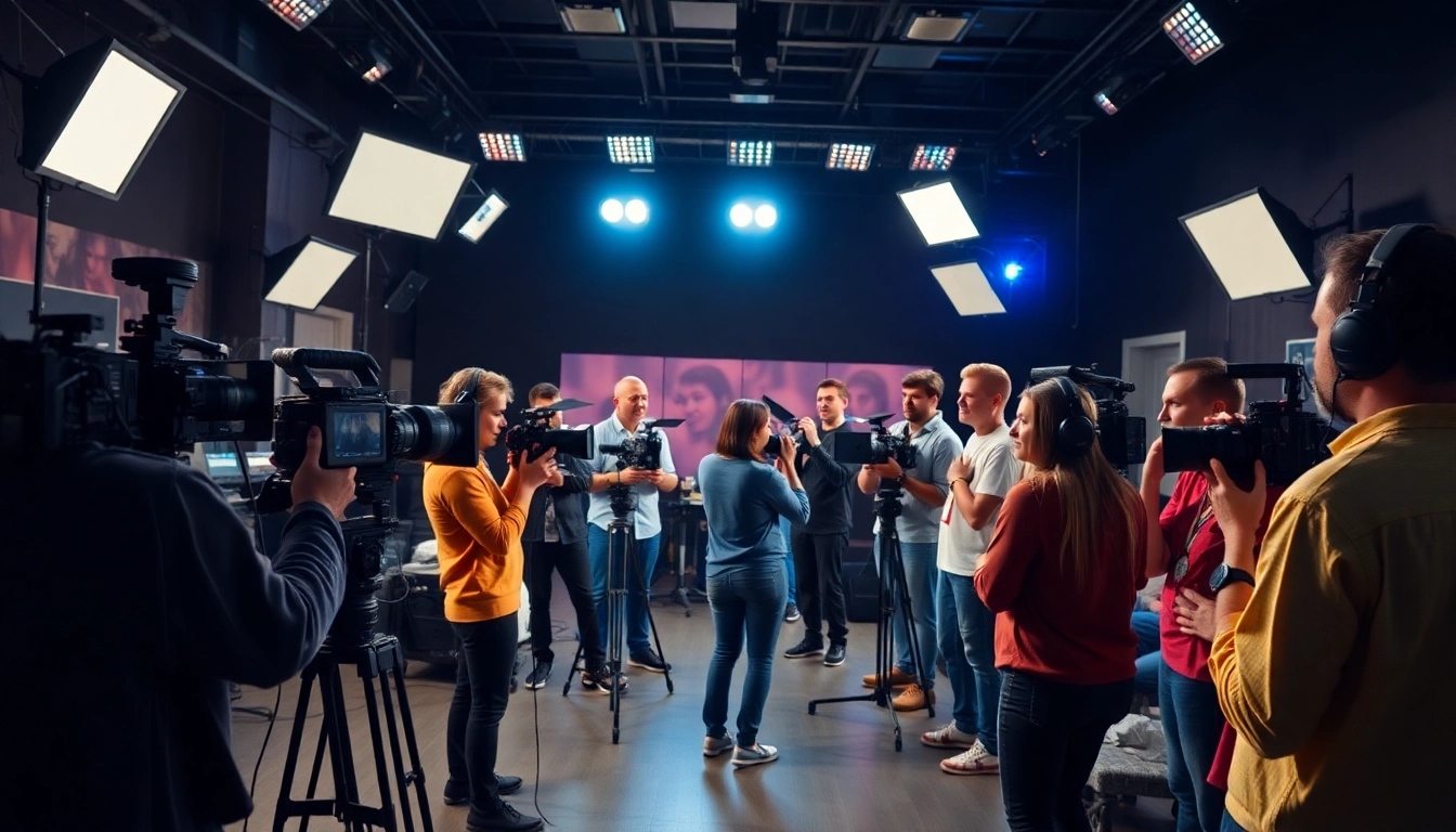 Engaging behind-the-scenes of 영상프로덕션 with diverse film crew utilizing advanced technology.