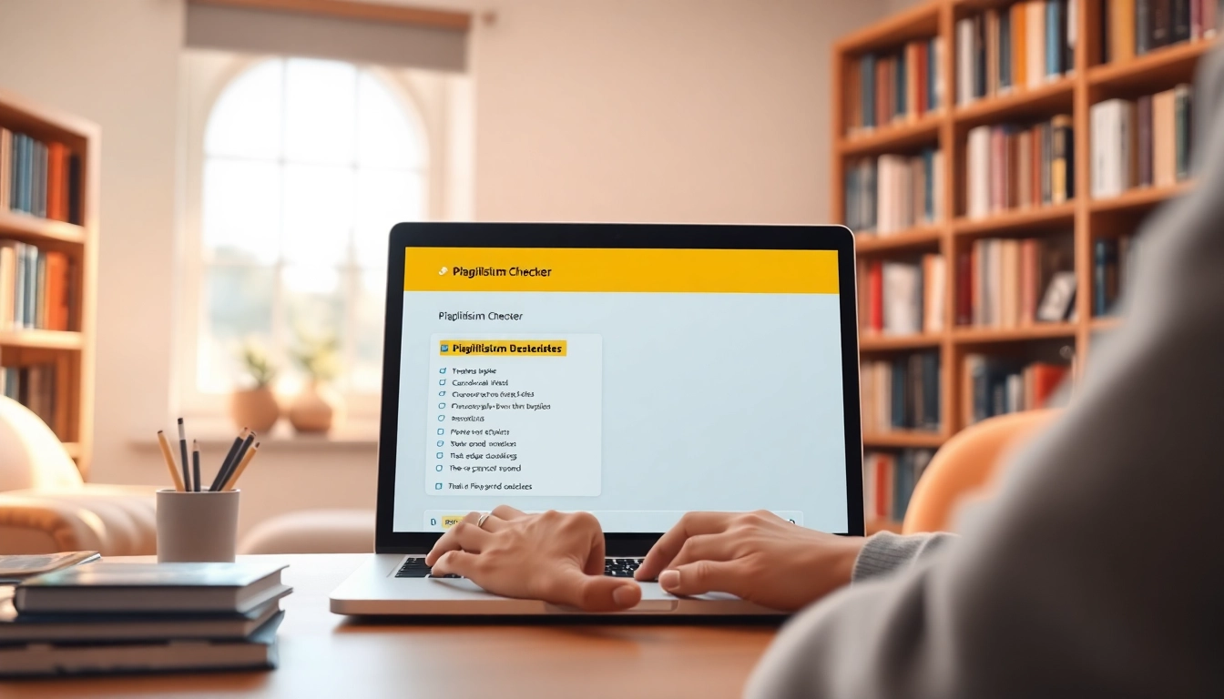 Using a plagiarism checker tool on a laptop with detected text highlights and a cozy study setting.