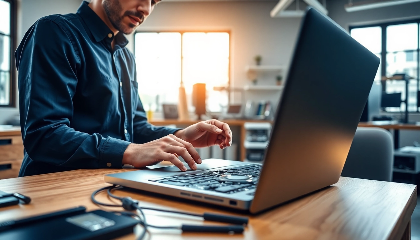 Technician engaged in detailed computer repair, demonstrating skills and expertise in a bright workshop.