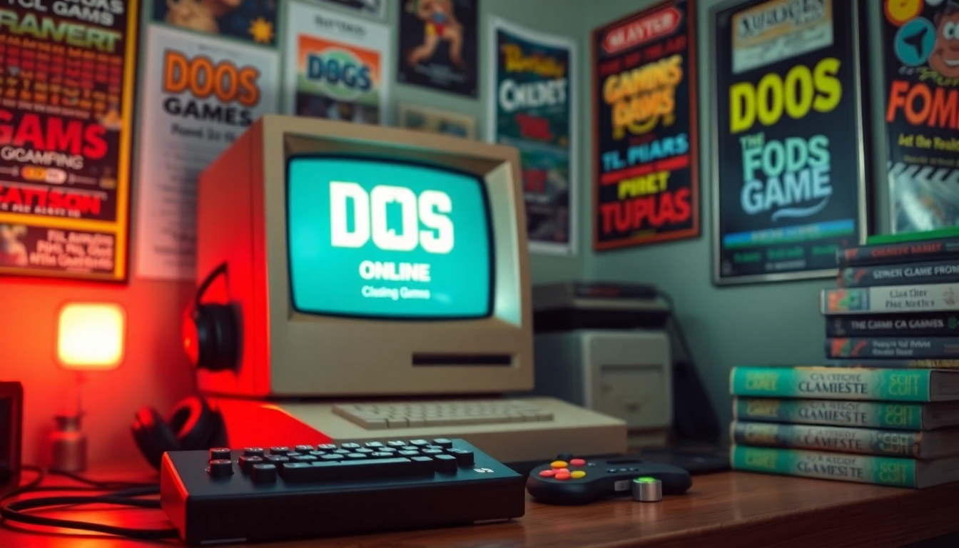 Play various dos games online in a retro gaming setup with vintage computer and nostalgic elements.