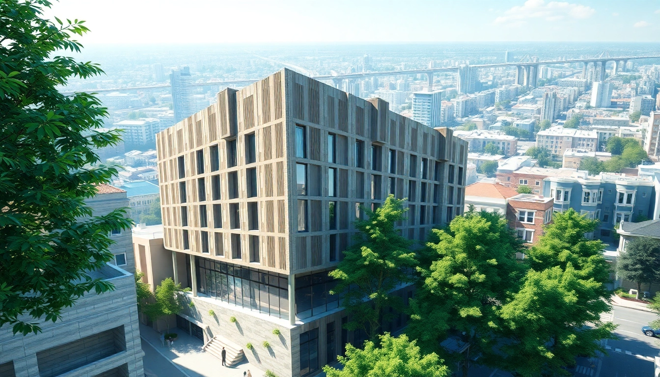3D visualisierung architektur eines modernen Gebäudes in städtischer Umgebung dargestellt.