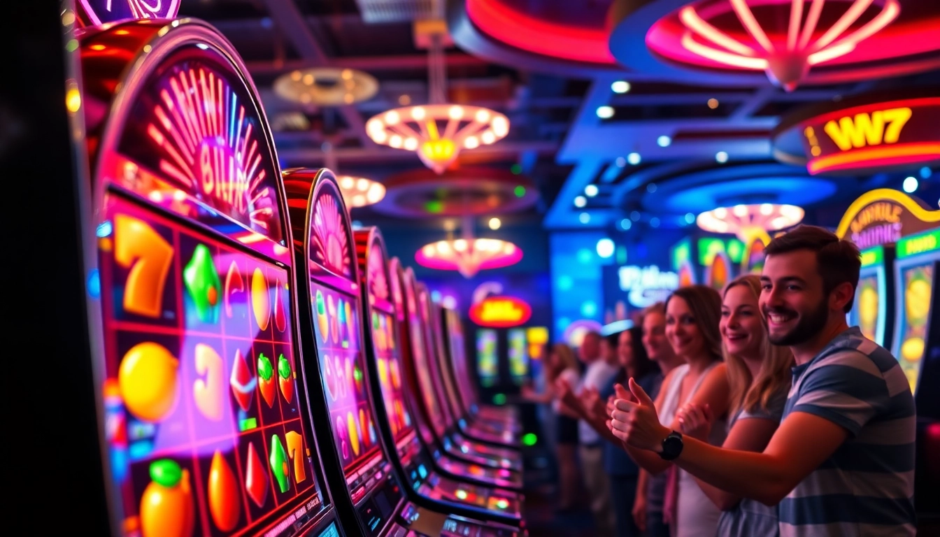 Permainan slot yang menarik dengan pemain antusias berinteraksi dengan mesin slot di kasino.