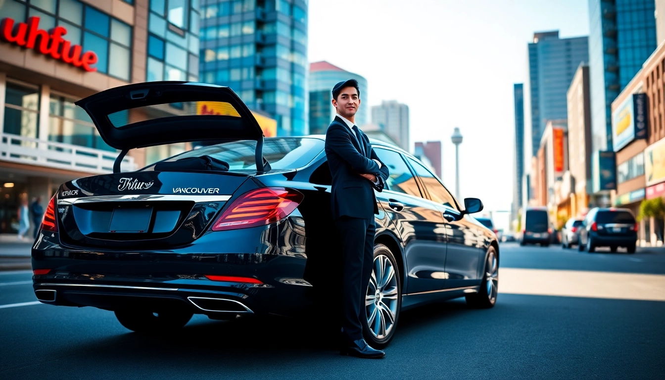 Experience premium car service Vancouver with a professional chauffeur beside a luxury sedan in a city setting.