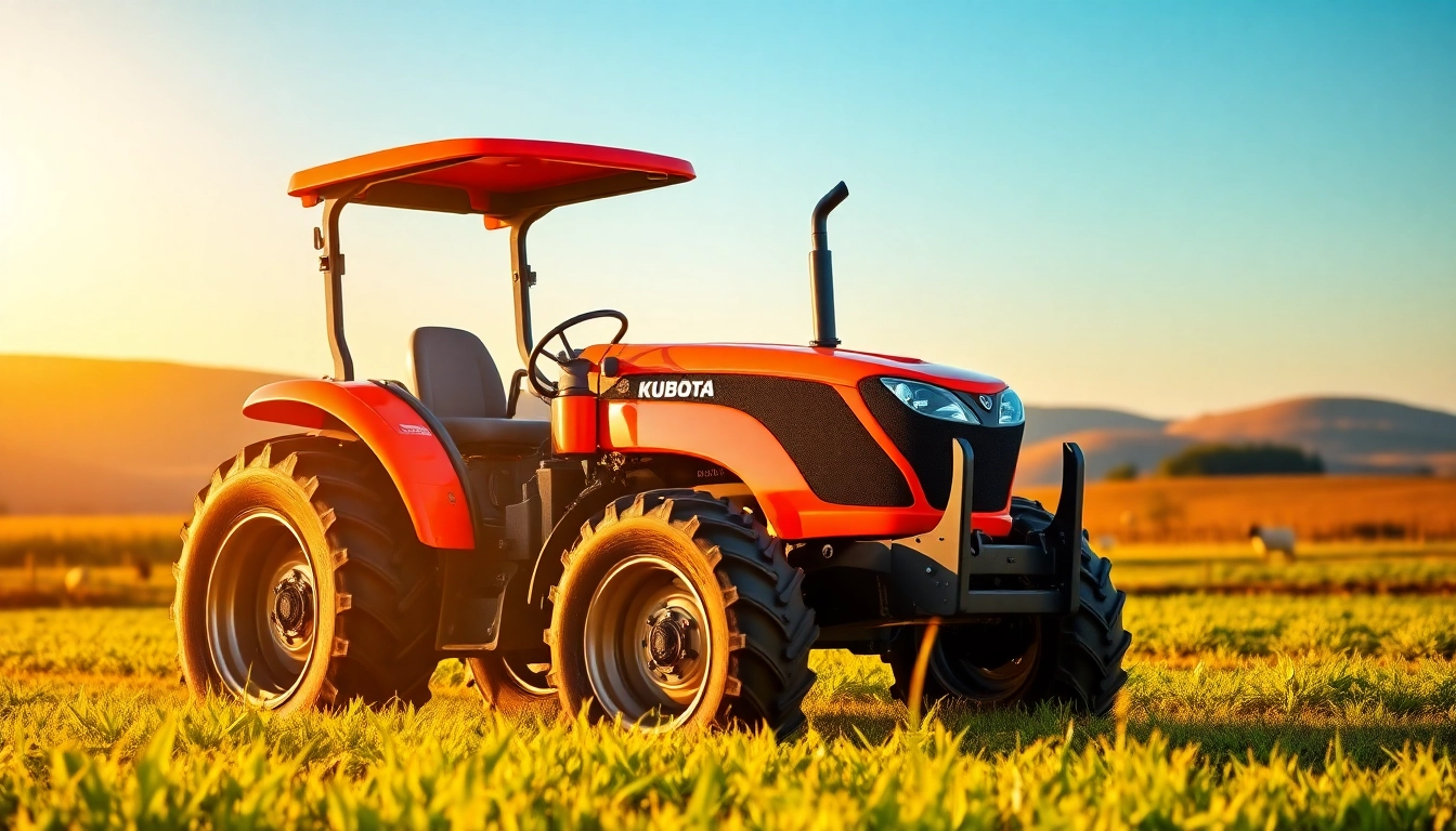 Effizienter Kuboata Traktor in einem landwirtschaftlichen Feld bei Sonnenaufgang.