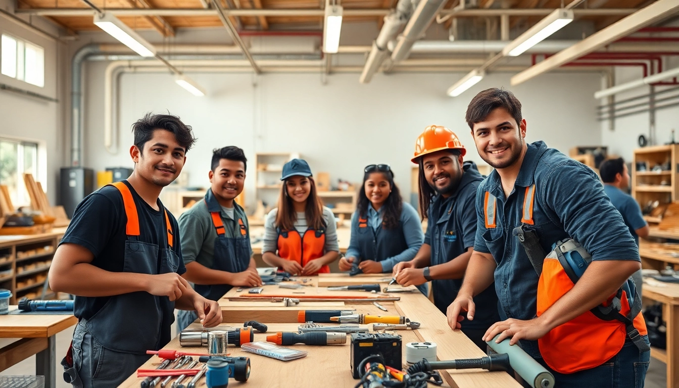Engaged students in trade schools Oahu learning hands-on skills in carpentry and electrical work.
