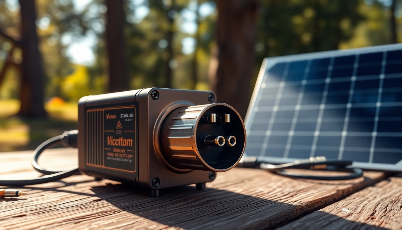 Showcasing starlink mini 12v anderson plug on a rustic table with outdoor ambiance.