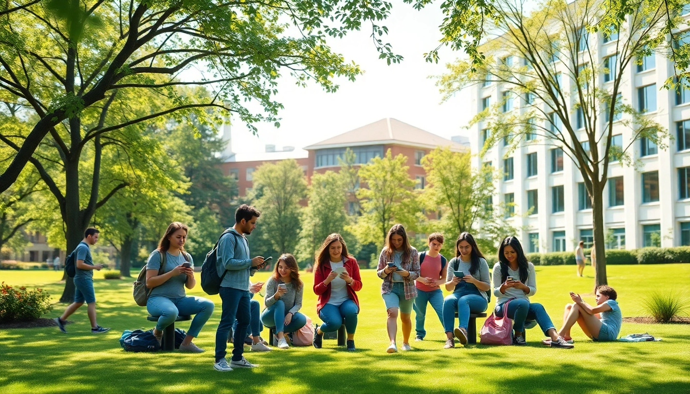Students using the my4d app on a university campus, connecting and collaborating on mobile devices.