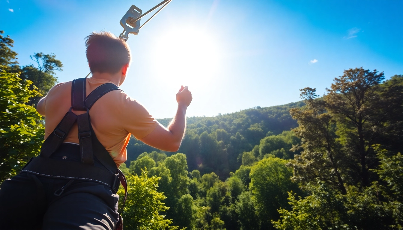 Enjoying an exhilarating ride on a ZIP WIRE KIT high above the forest landscape.