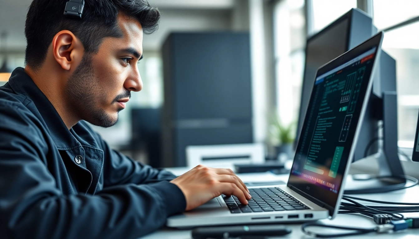 Providing expert computer services with a technician troubleshooting a laptop in a serene workspace.