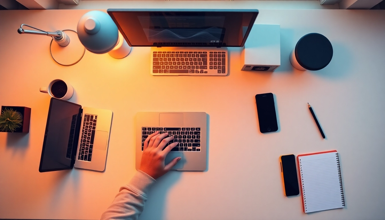 Write emails faster with a focused individual effortlessly typing at a stylish workspace.