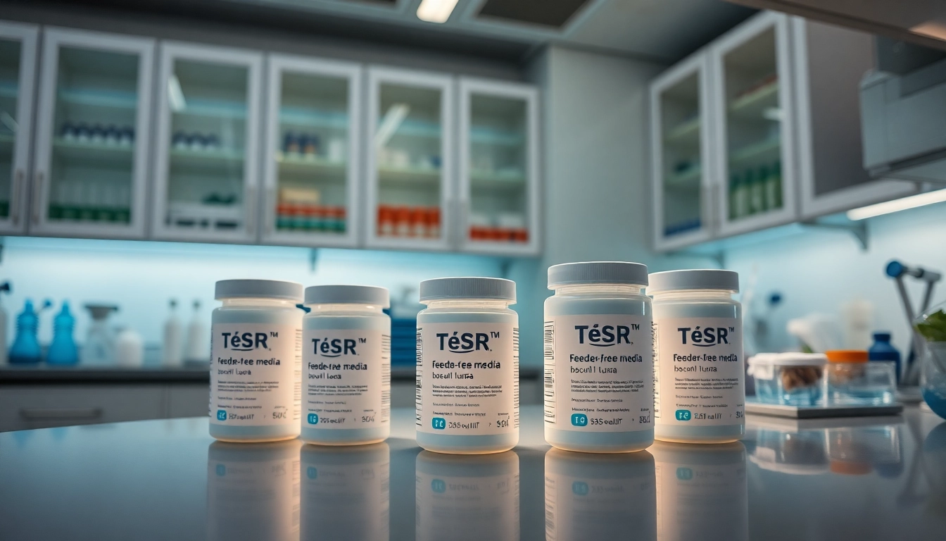 All check - Scientists analyzing TeSR™ feeder-free media in a high-tech lab environment.