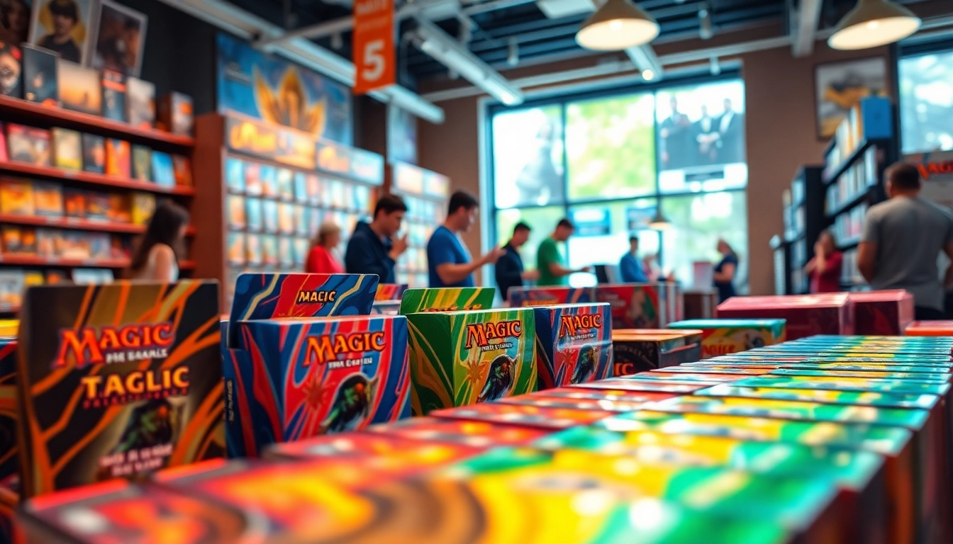 Showcasing a vibrant booster box collection in a lively gaming store environment.