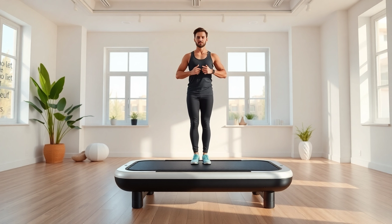 Exercising with whole body vibration therapy on a vibrating platform in a wellness studio.