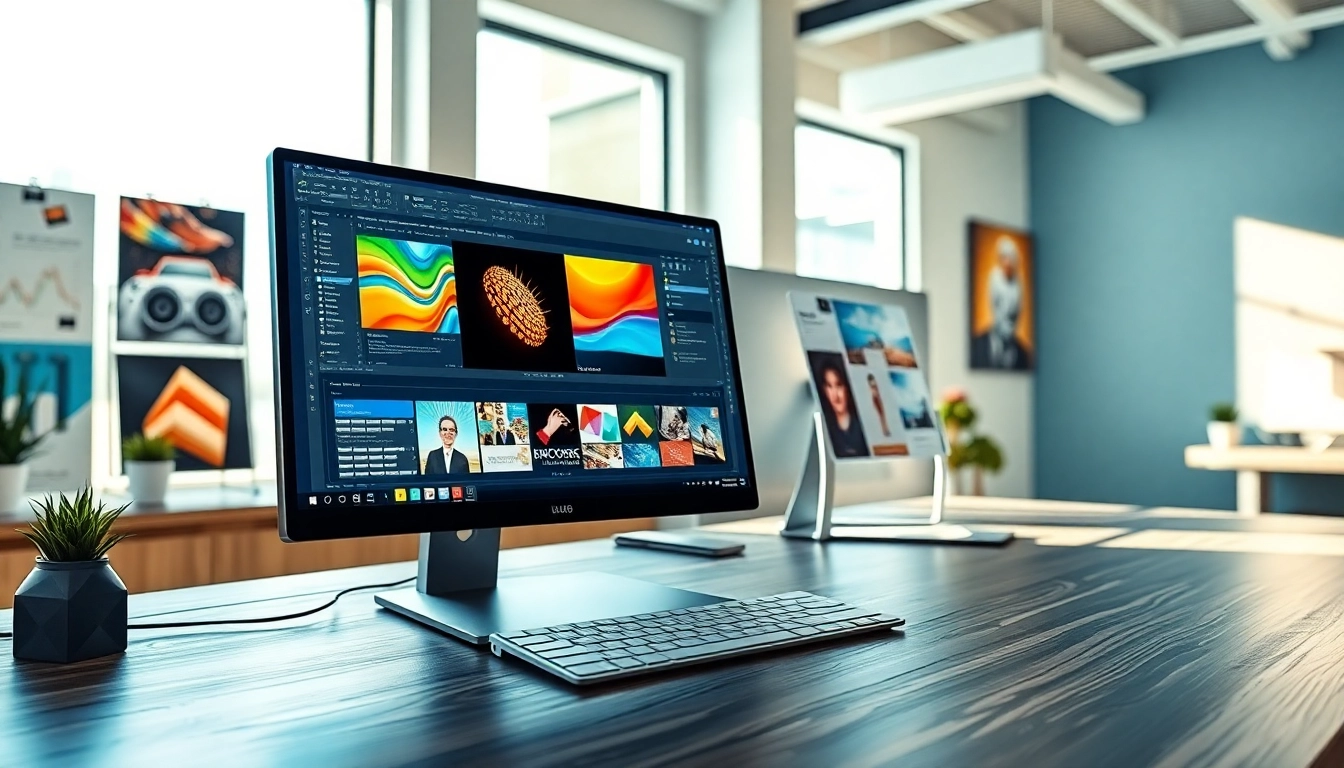 Create signage with a Canva alternative for signage showcasing vibrant workspace and graphic designs.