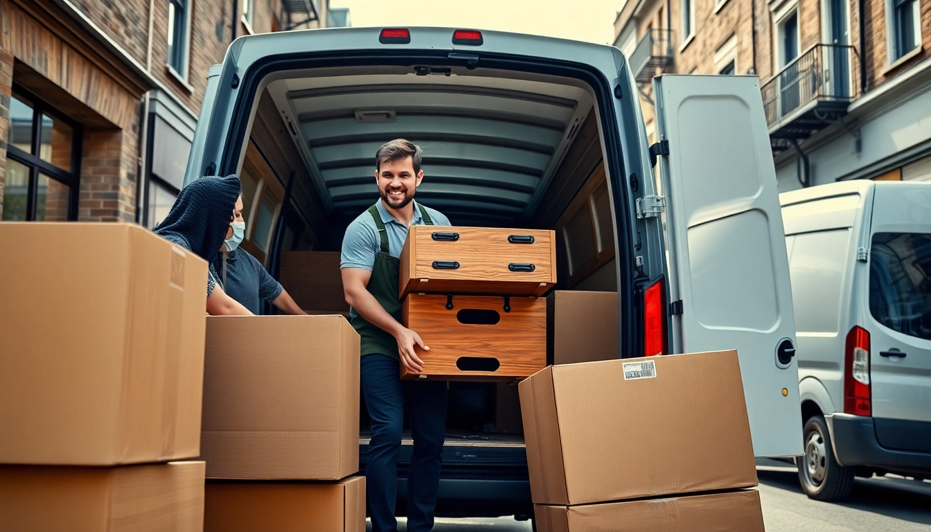 Movers from removal companies in east london efficiently load furniture into a van.