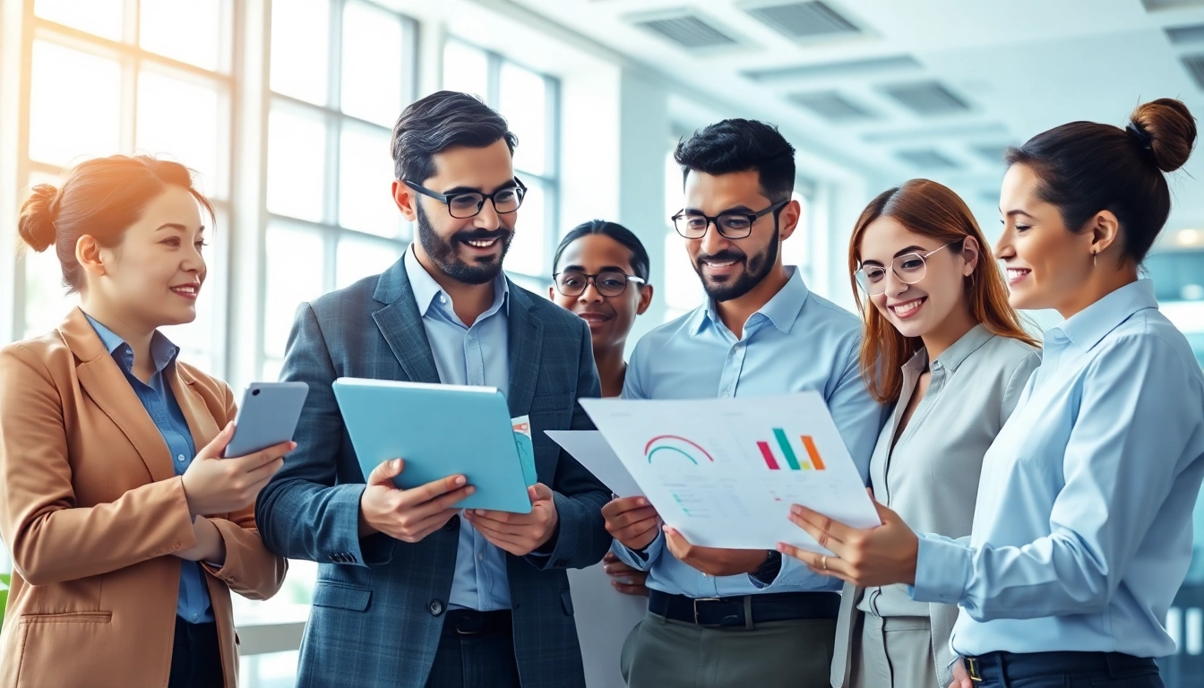 Analyze competitive intelligence reports with a diverse team of strategists in a modern office.