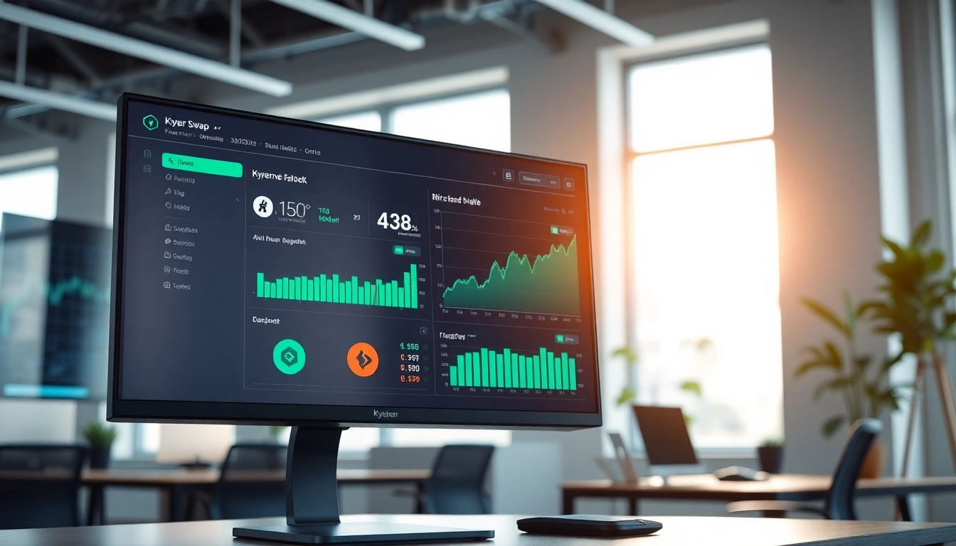 Capture the kyber swap interface on a sleek monitor in a modern tech office.