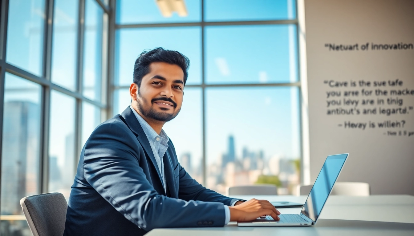 Aravind Srinivas confidently working in a bright office, showcasing professionalism and innovation.