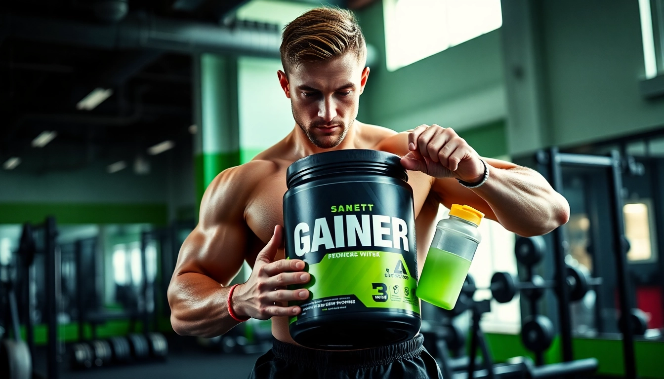 Showcasing a detailed view of gainer powder held by an athlete during a workout.
